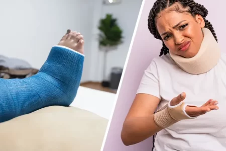 Woman with neck and foot injury