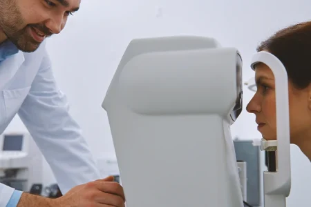 A doctor checking up the eye of a patient