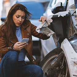 A woman beside a car from a severe car crash