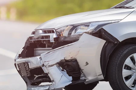 A damaged car due to T-bone car accident