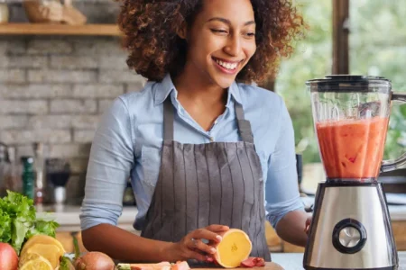 A woman using Vitamix Blender in the kitchen