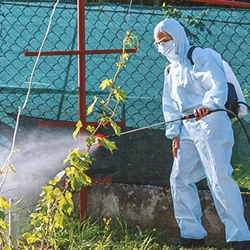 A farmer spraying glyphosate on farmlands