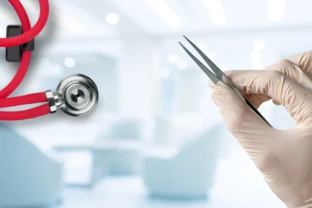 Doctors tools for a hernia mesh surgery repair