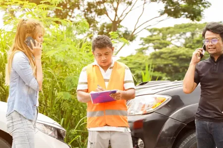 A photo of two driver in a middle of accident