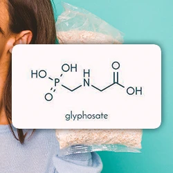 The chemical glyphosate with a woman in the back holding cereal