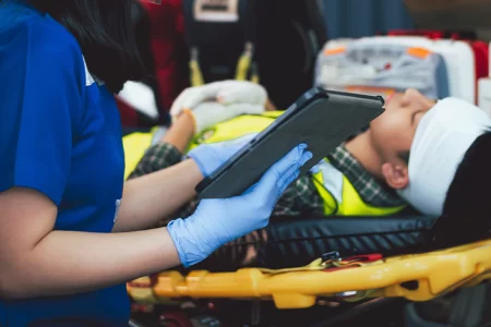 Injured construction worker inside ambulance