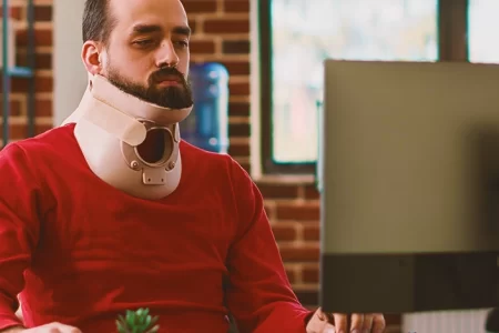 A man in a neck brace in an office