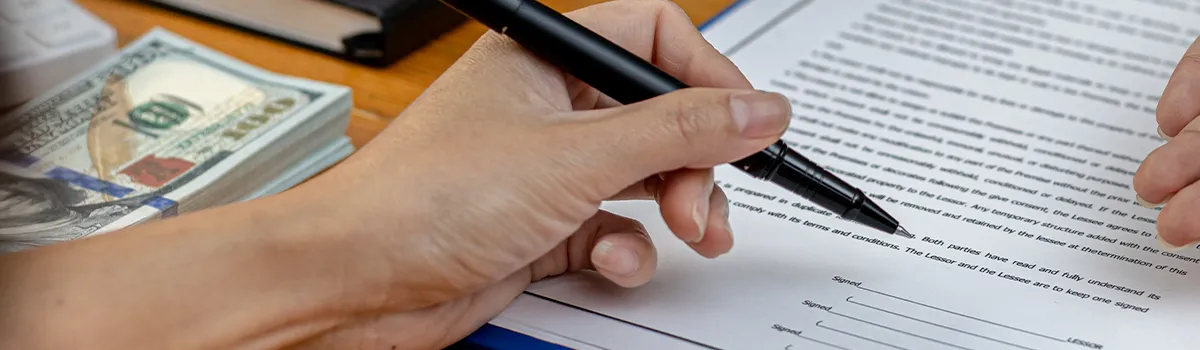 Writing signature on a form with money