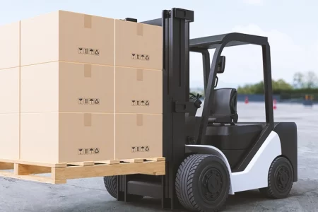 Forklift lifting boxes