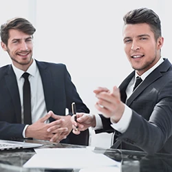 Two lawyers having a talk while pointing